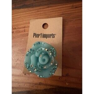 Pier One Turquoise Enamel Rose Adjustable Band Ring Silver Tone Aqua Floral